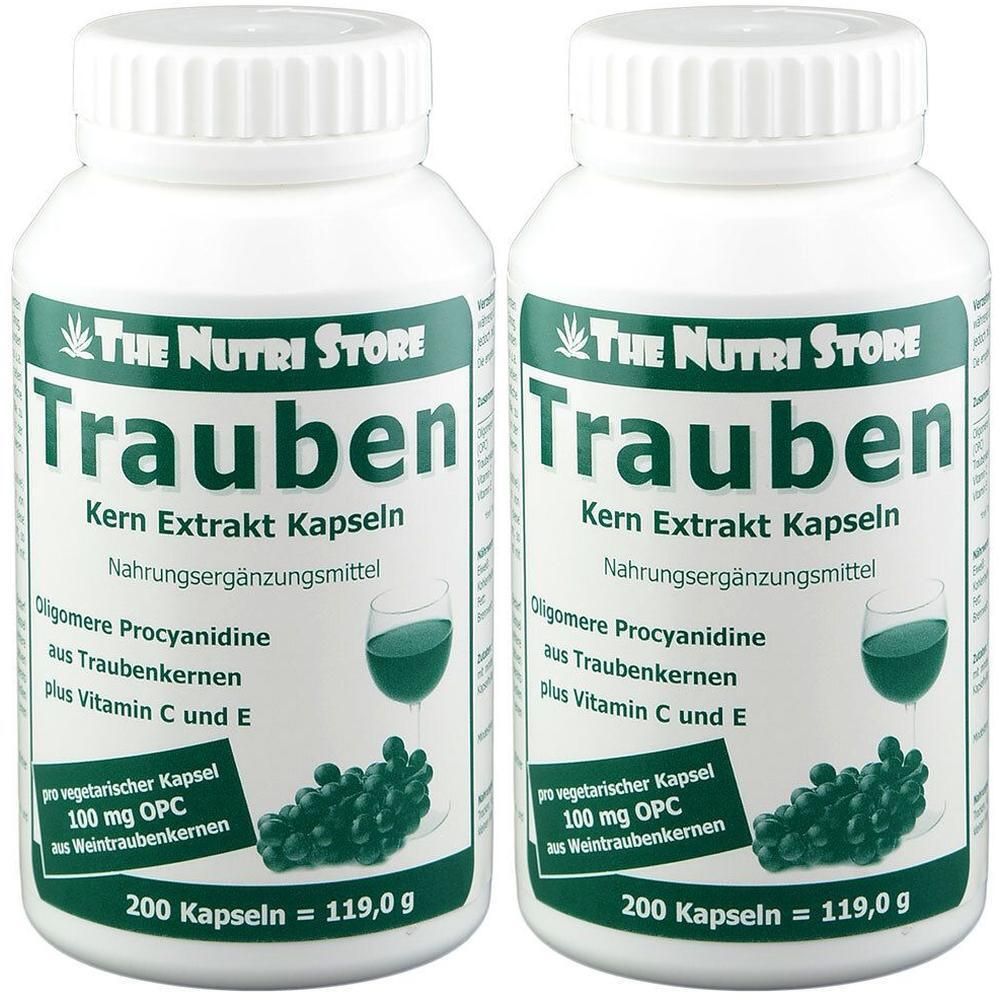 Zwei Flaschen Traubenkern Extrakt Kapseln mit je 200 Kapseln. Enthält Oligomere Procyanidine, Vitamin C und E.