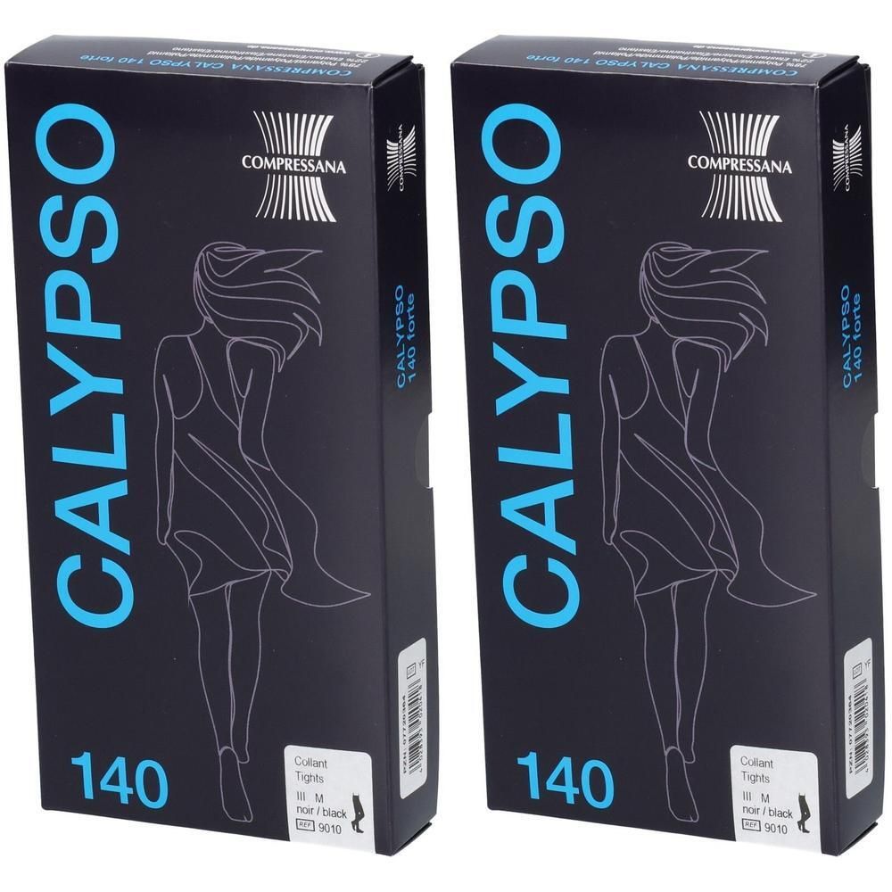 Zwei Packungen COMPRESSANA Calypso Stützstrümpfe, 140 den, schwarz.
