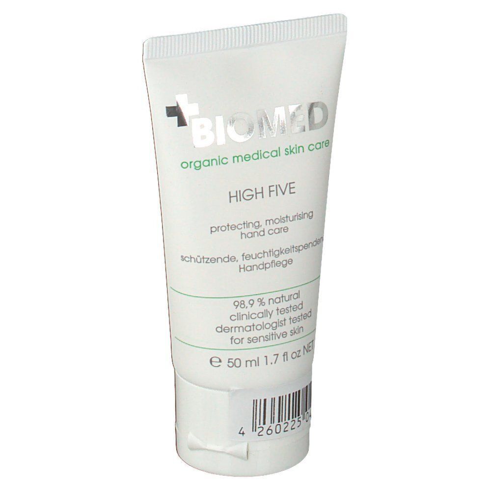 Tube BIOMD High Five Handcreme, 50 ml, mit Aufdruck 'organic medical skin care' und Barcode.
