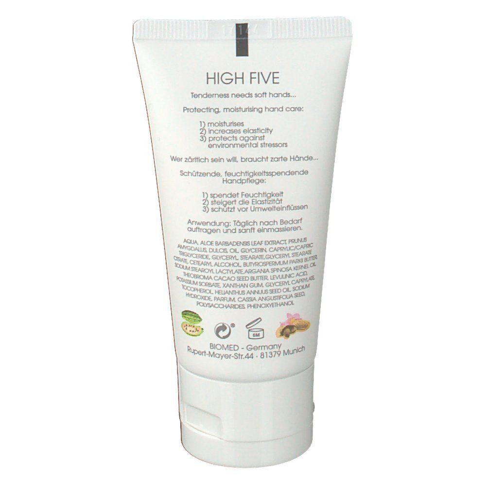 Rückseite einer Tube BIOMD High Five Handcreme mit Anwendungshinweisen und Inhaltsstoffen.