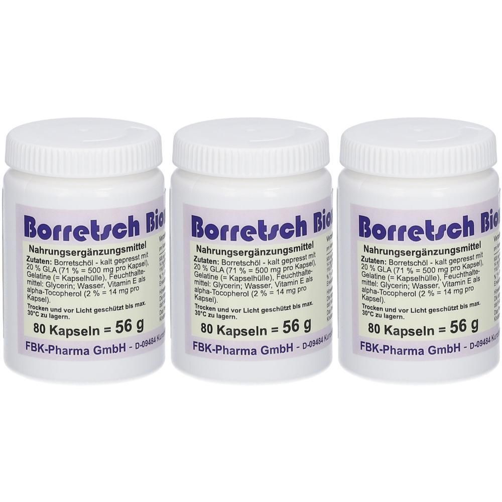Drei weiße Behälter mit Borretschöl-Kapseln. Jede Dose enthält 80 Kapseln.