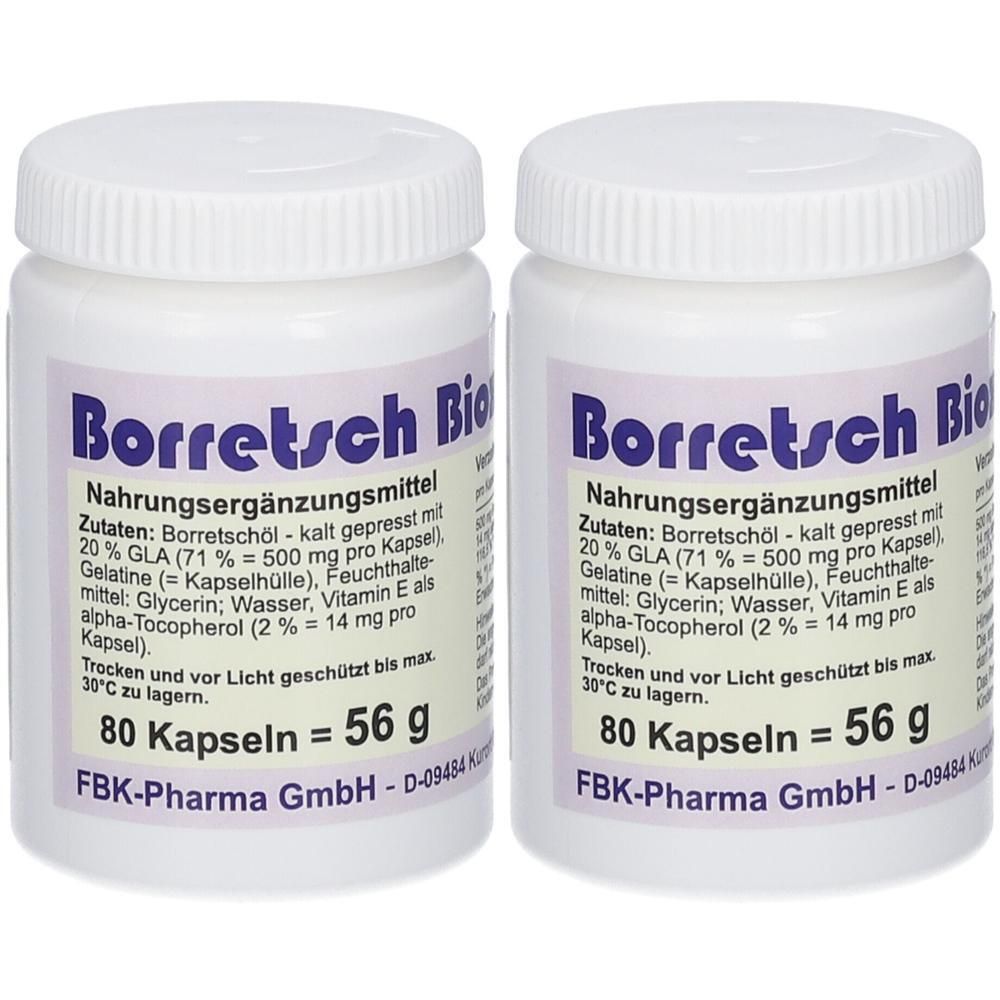 Zwei Behälter mit Borretschöl-Kapseln, jeweils 80 Kapseln.