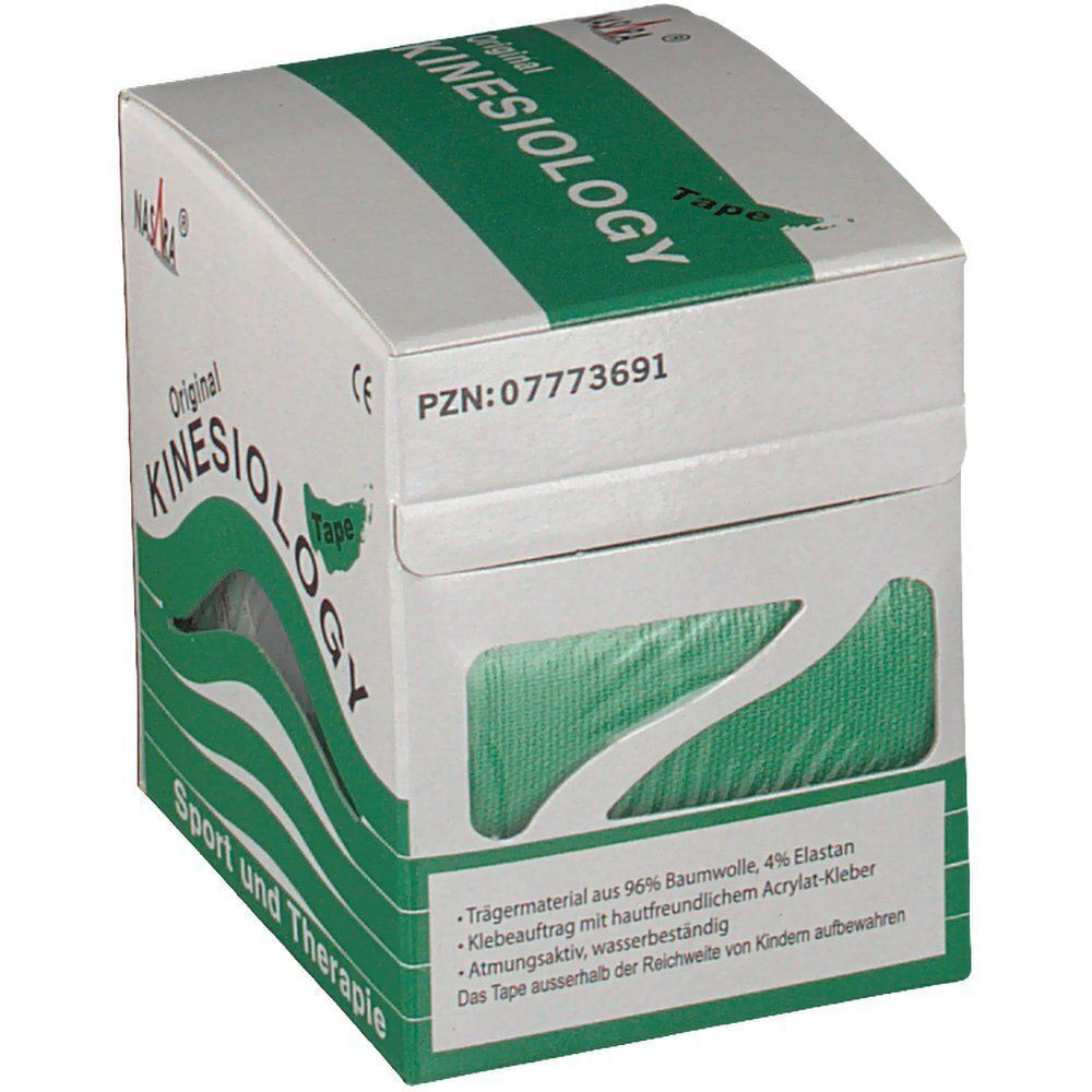 Packung Kinesiologie Tape, grün. Trägermaterial aus 96% Baumwolle, 4% Elastan. Kleber: Acrylat.