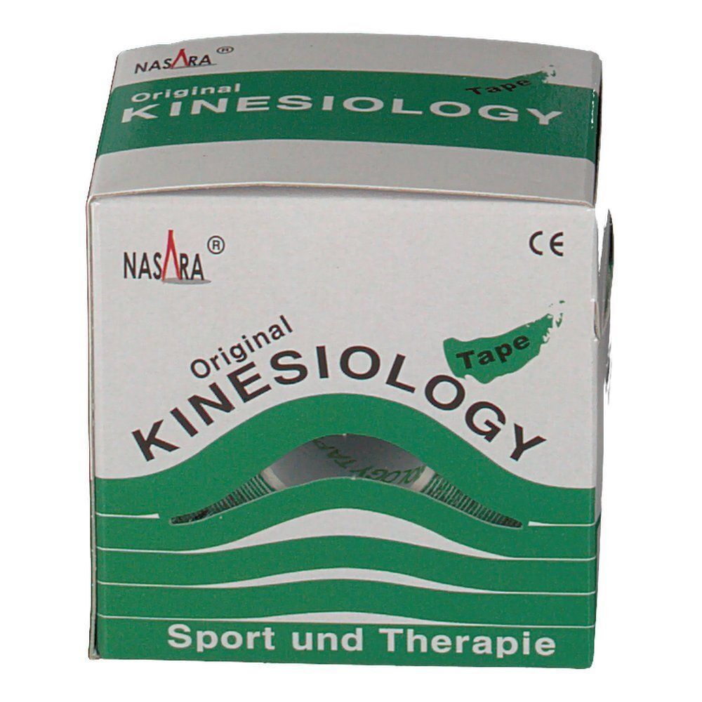 Packung Kinesiologie Tape, grün, mit Sichtfenster. Aufschrift 'Original Kinesiologie Tape'.