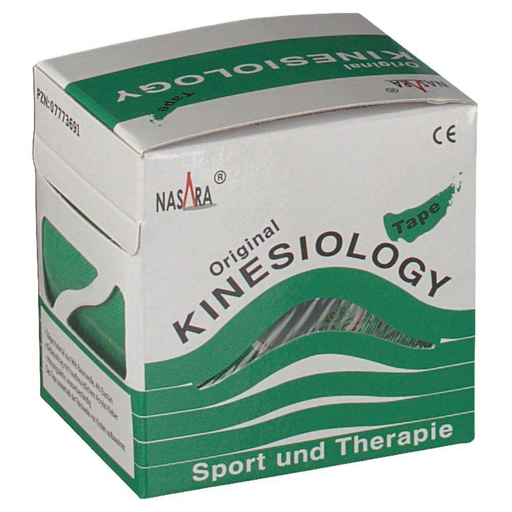 Packung Kinesiologie Tape, grün, mit Sichtfenster. Aufdruck 'Original Kinesiology Tape Sport und Therapie'.