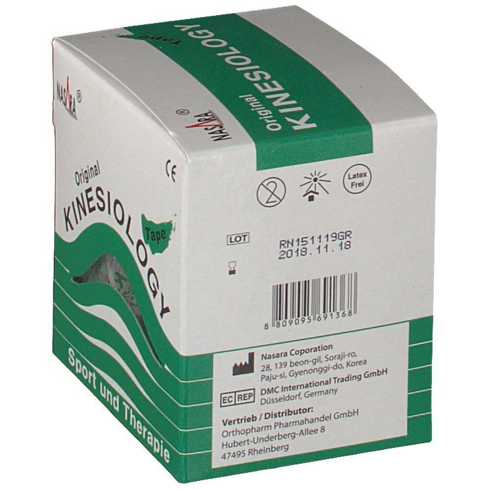Rückseite einer Packung Kinesiologie Tape, grün. Enthält PZN, LOT, RN und Herstellerinformationen.
