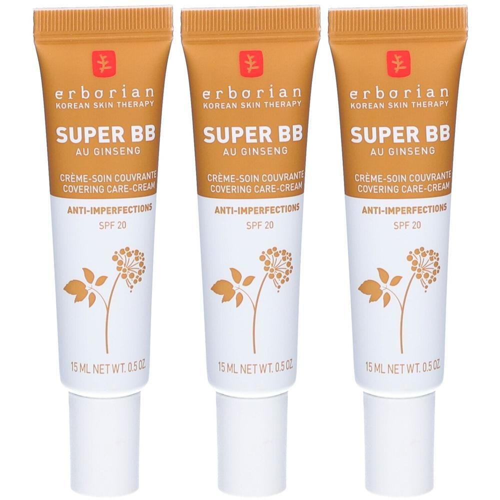 Drei Tuben Erborian SUPER BB AU GINSENG mit SPF 20. Jede 15 ml.