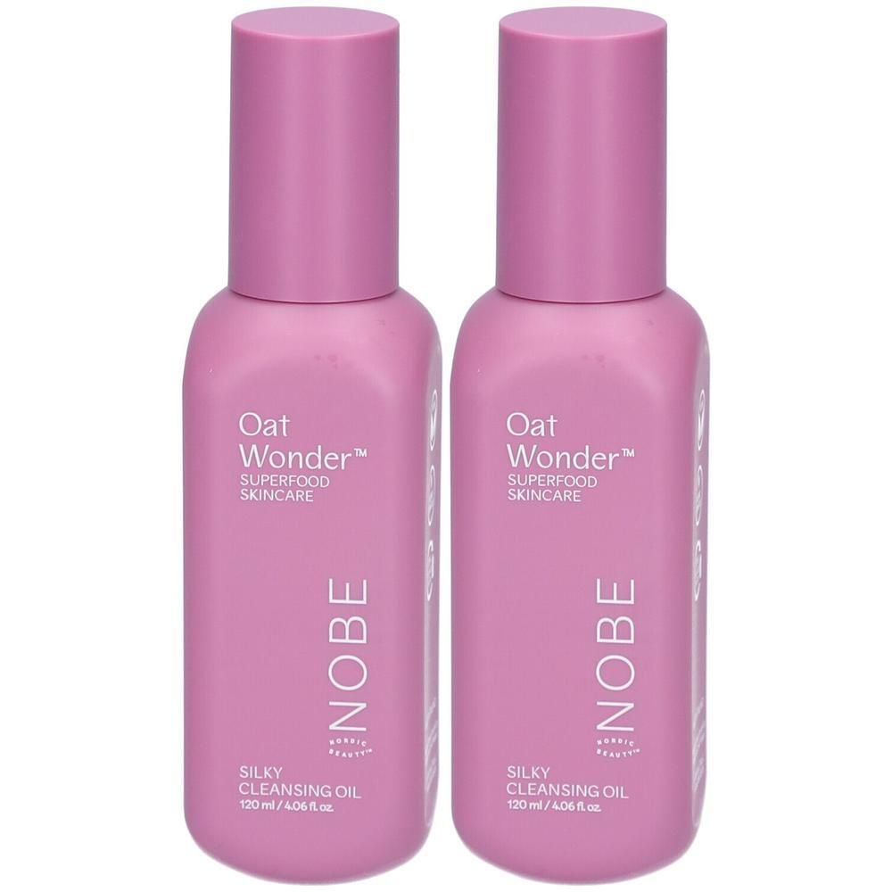 Zwei rosa Flaschen NOBE Oat Wonder Silky Cleansing Oil mit Pumpspendern.