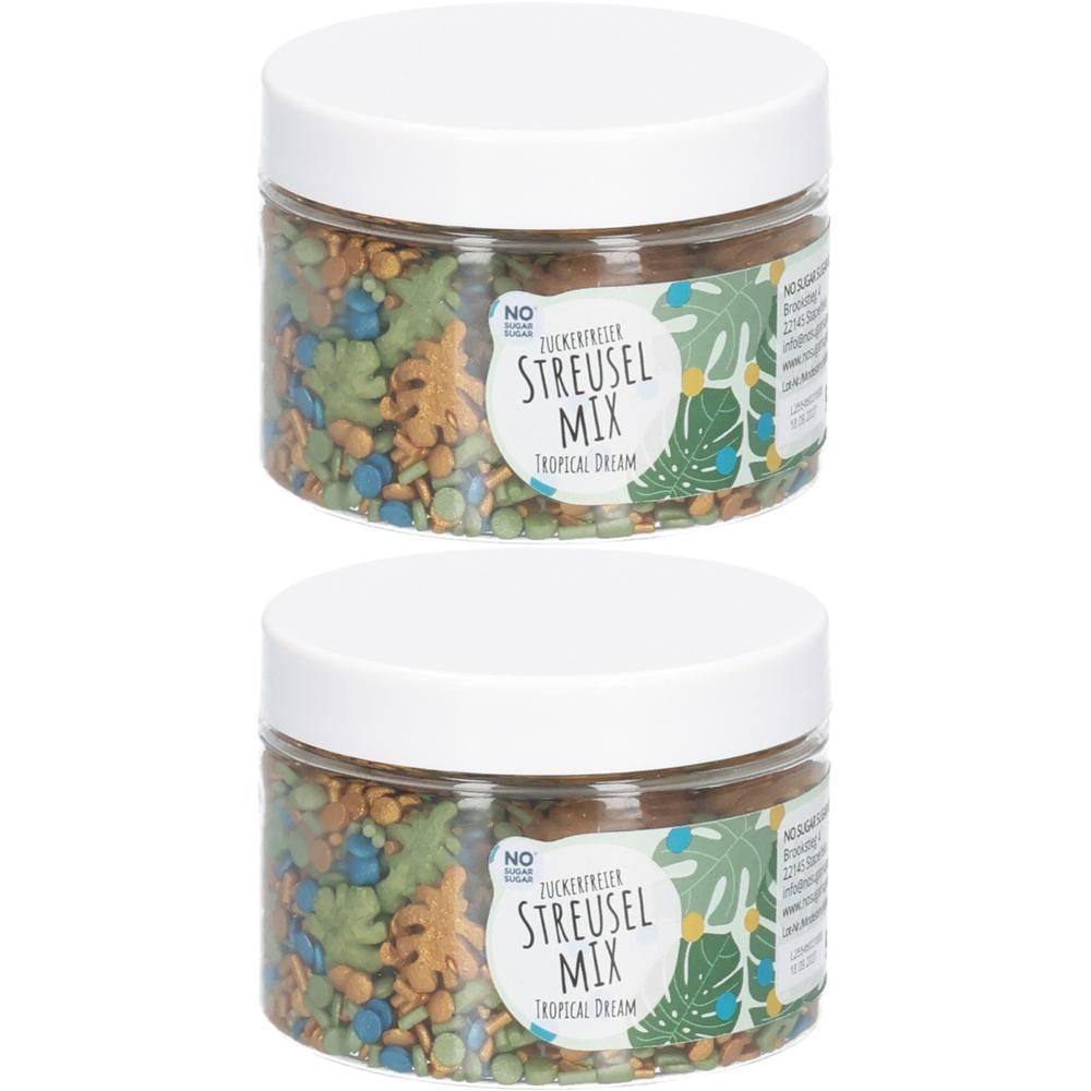 Zwei Gläser mit zuckerfreiem Streuselmix "Tropical Dream" in tropischen Formen und Farben.