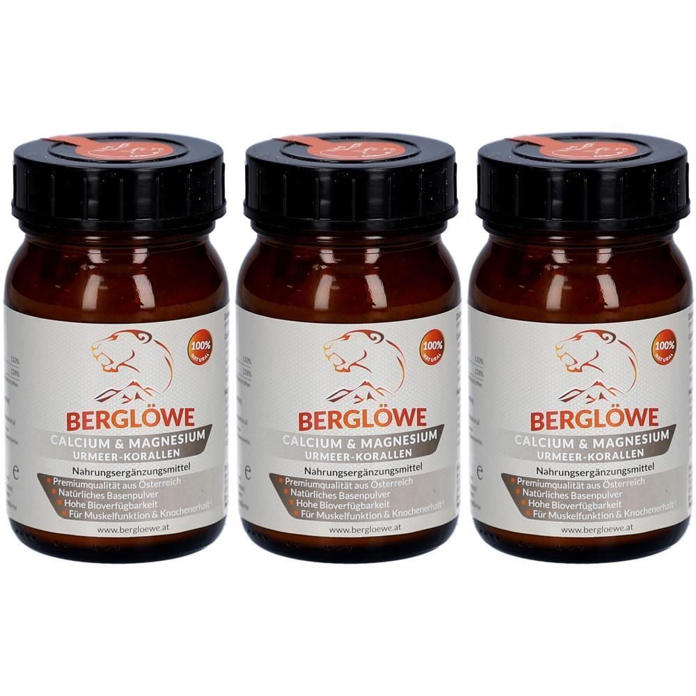 Drei Flaschen Berglöwe Calcium & Magnesium aus Urmeer-Korallen, Nahrungsergänzungsmittel.