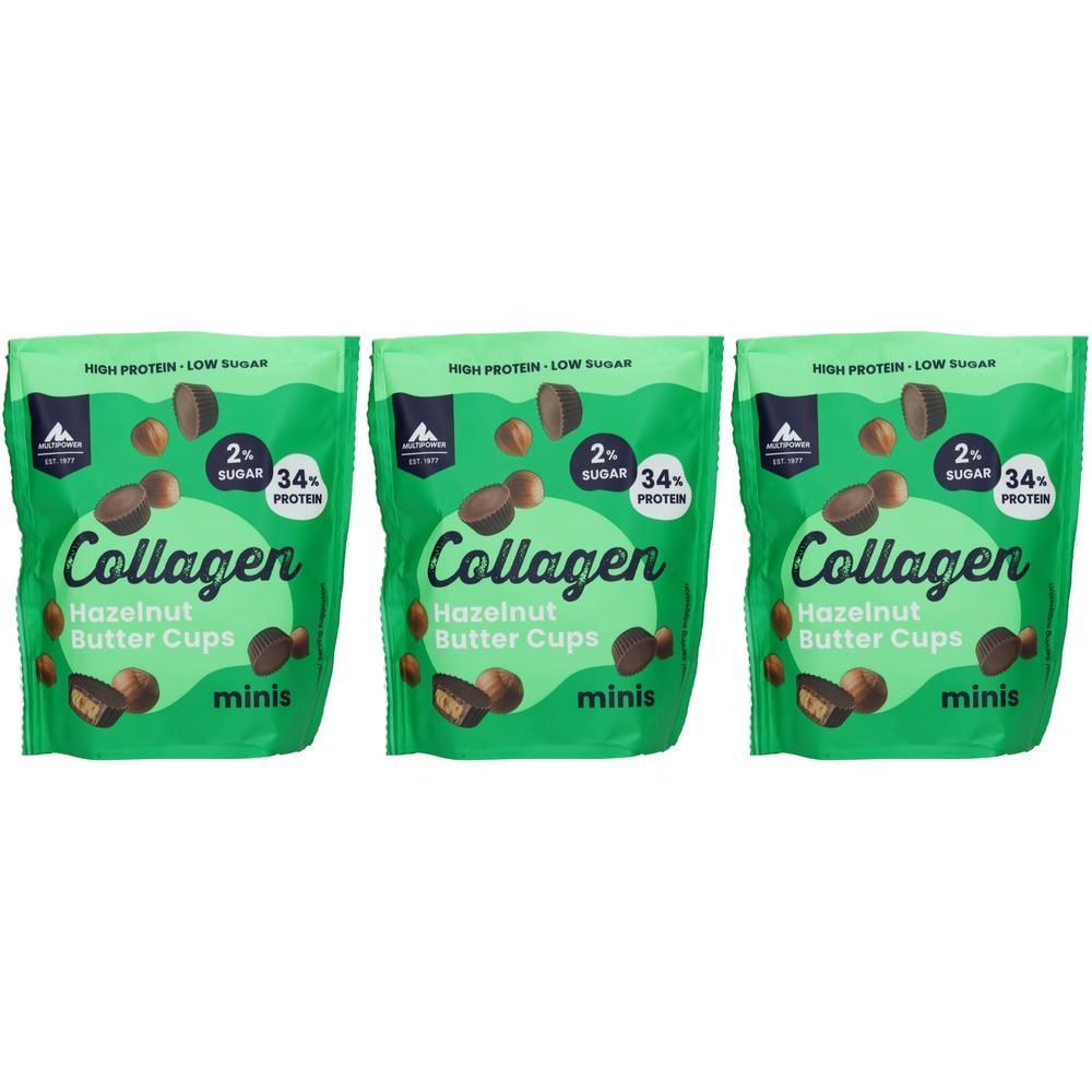 Drei Packungen Multipower Collagen Haselnuss Butter Cups Minis, grün mit Text und Produktabbildungen.