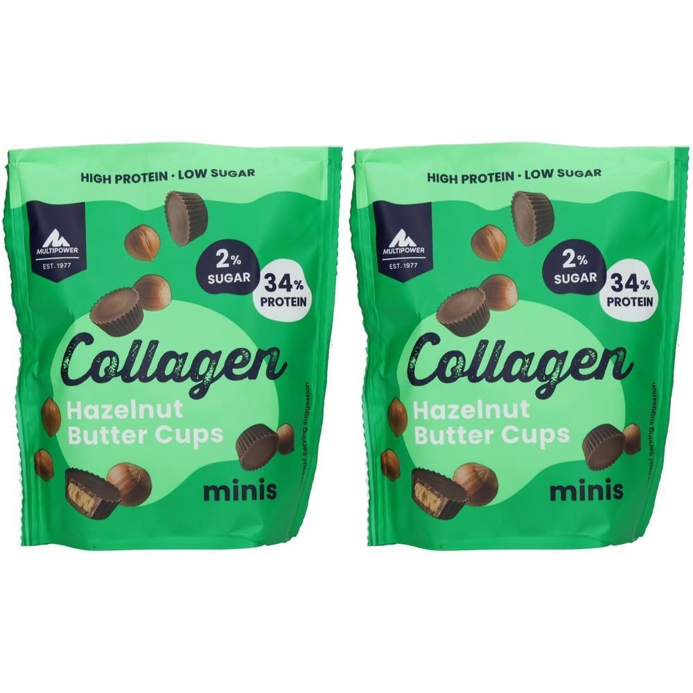 Zwei Packungen Multipower Collagen Haselnuss Butter Cups Minis. Hoher Proteingehalt, wenig Zucker.