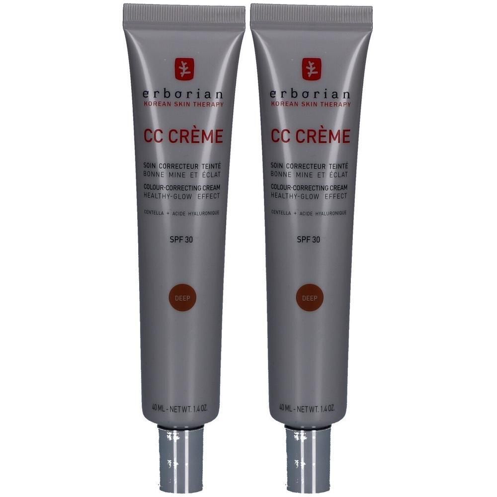 Zwei Tuben Erborian CC Creme Deep LSF 30. Farbkorrigierende Creme mit gesundem Glanz-Effekt.