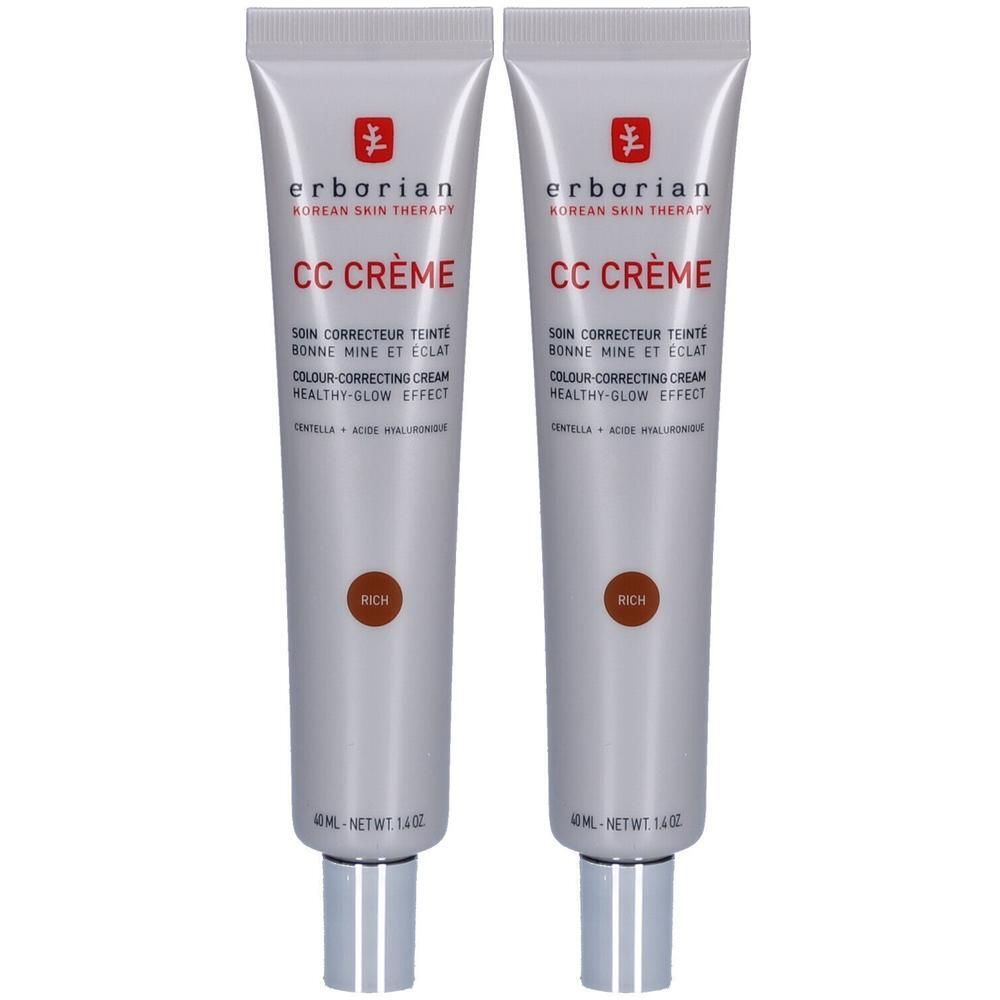 Zwei Tuben Erborian CC Creme Rich, 40 ml. Die Tuben sind silbern mit weißem Aufdruck.