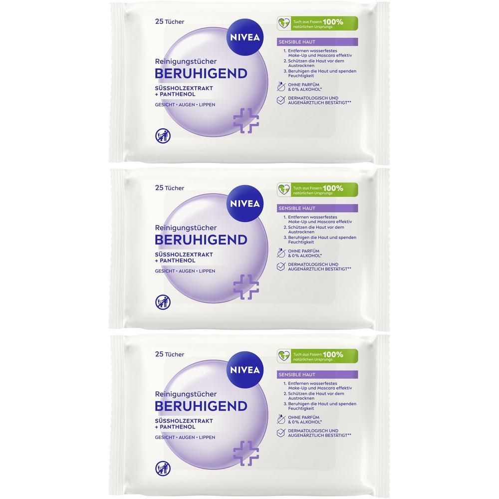 Drei Packungen NIVEA Reinigungstücher Beruhigend mit Süßholzwurzelextrakt und Panthenol.