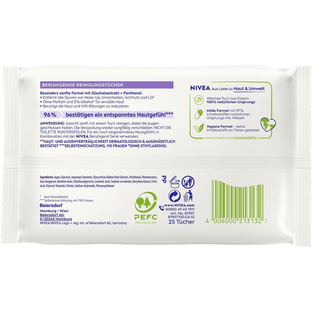 Rückseite einer Packung NIVEA Reinigungstücher Beruhigend mit Inhaltsstoffen und Siegeln.