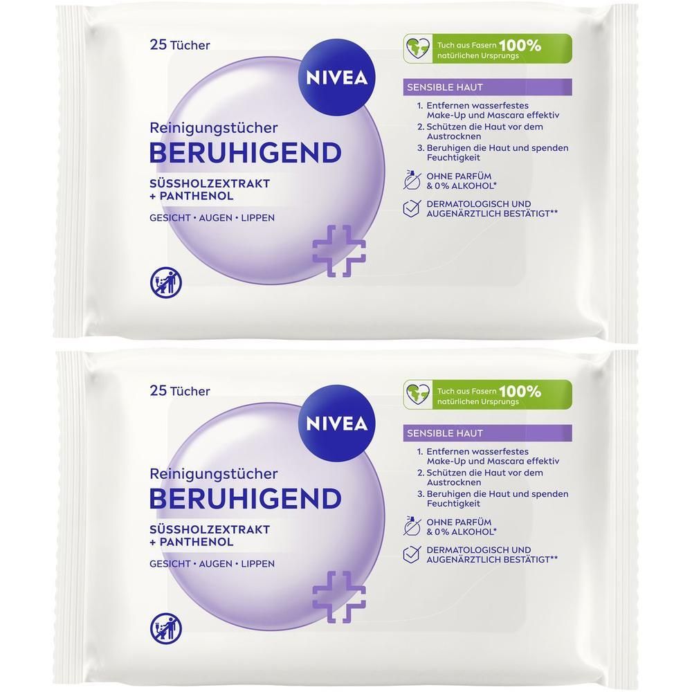 Zwei Packungen NIVEA Reinigungstücher Beruhigend, je 25 Tücher. Für empfindliche Haut.