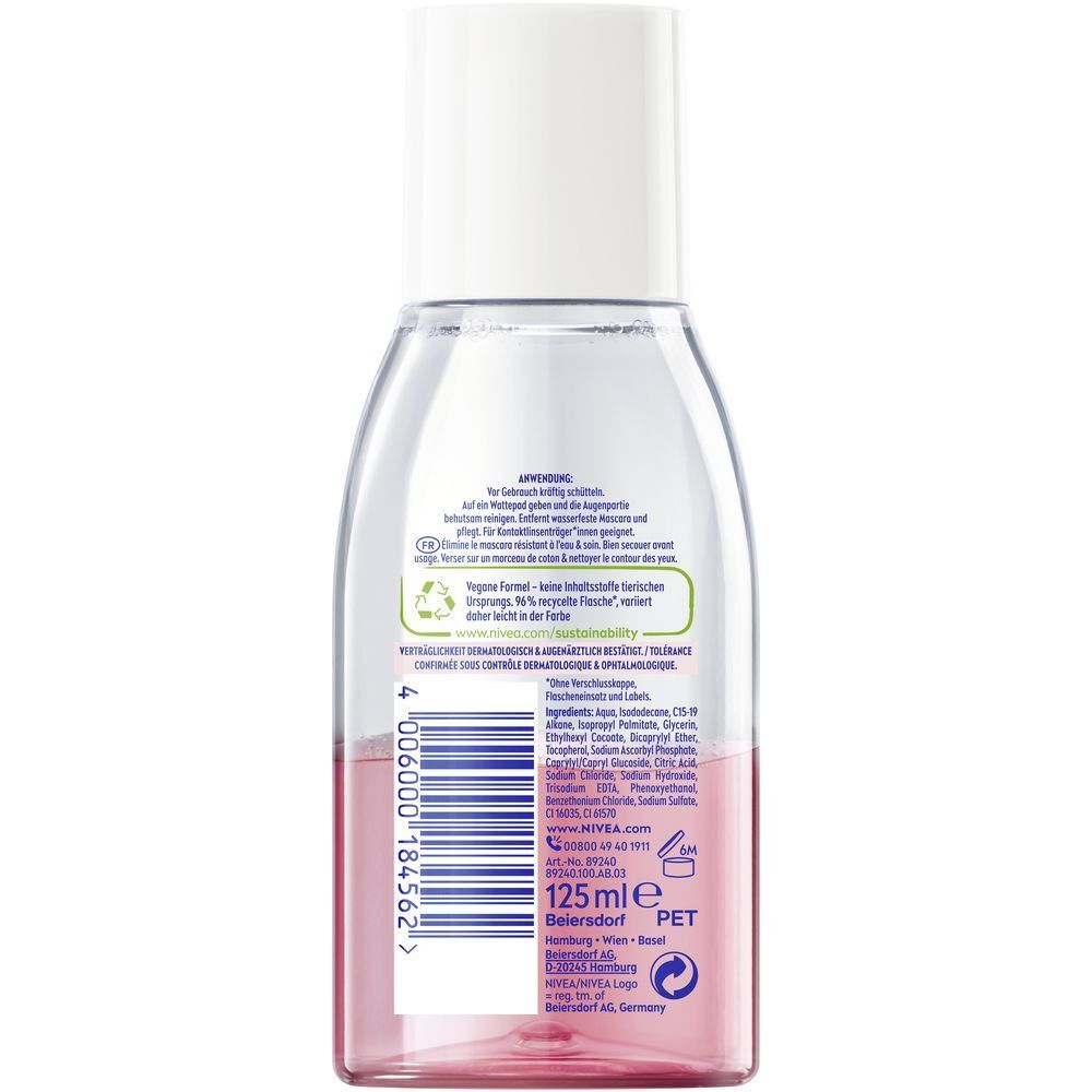 Rückseite einer Flasche NIVEA Glow Effect Augen Make-up Entferner mit Inhaltsstoffen und Barcode.