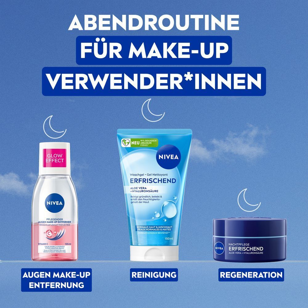 Abendroutine: NIVEA Augen Make-up Entferner, Reinigungsgel und Nachtpflege für Regeneration.