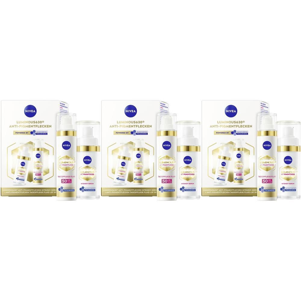 Drei NIVEA LUMINOUS630® Anti-Pigmentflecken Tagespflege + Intensiv Serum Sets.