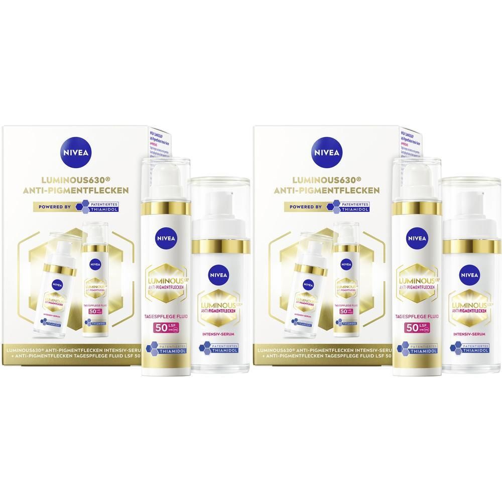 Zwei NIVEA LUMINOUS630® Anti-Pigmentflecken Tagespflege + Intensiv Serum Sets.
