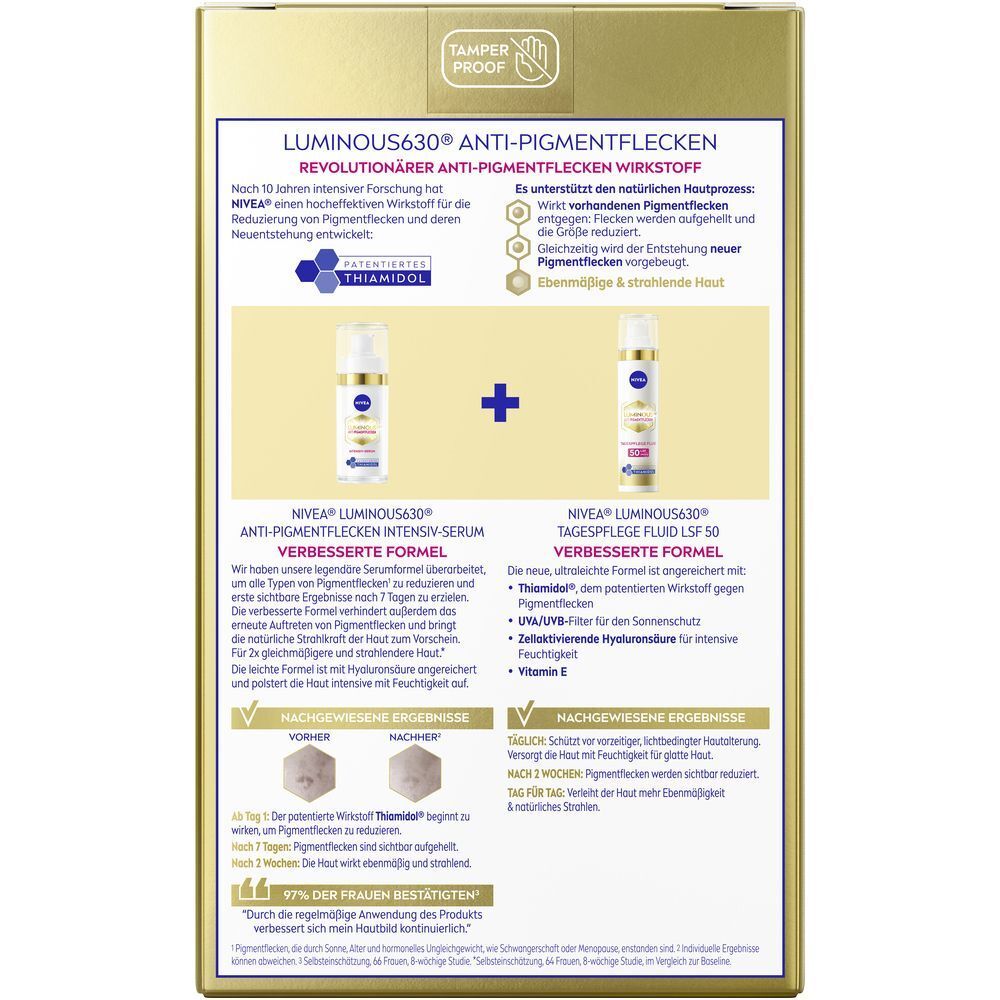 Rückseite der NIVEA LUMINOUS630® Anti-Pigmentflecken Tagespflege + Intensiv Serum Set Verpackung.