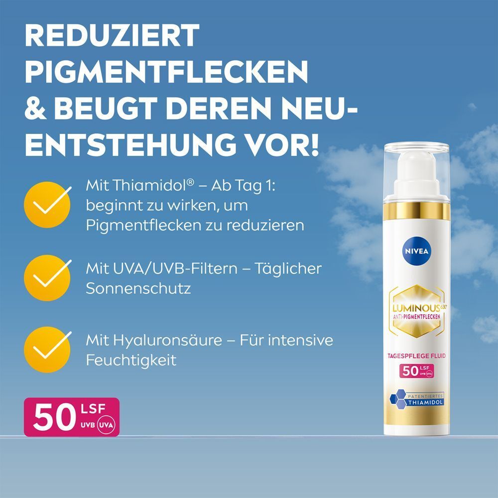 NIVEA LUMINOUS630® Tagespflege Fluid LSF 50 mit Thiamidol, UVA/UVB-Filtern und Hyaluronsäure.