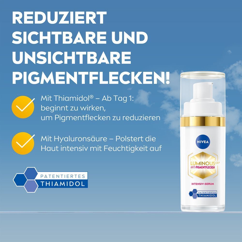 NIVEA LUMINOUS630® Intensiv Serum mit patentiertem Thiamidol und Hyaluronsäure zur Reduzierung von Pigmentflecken.
