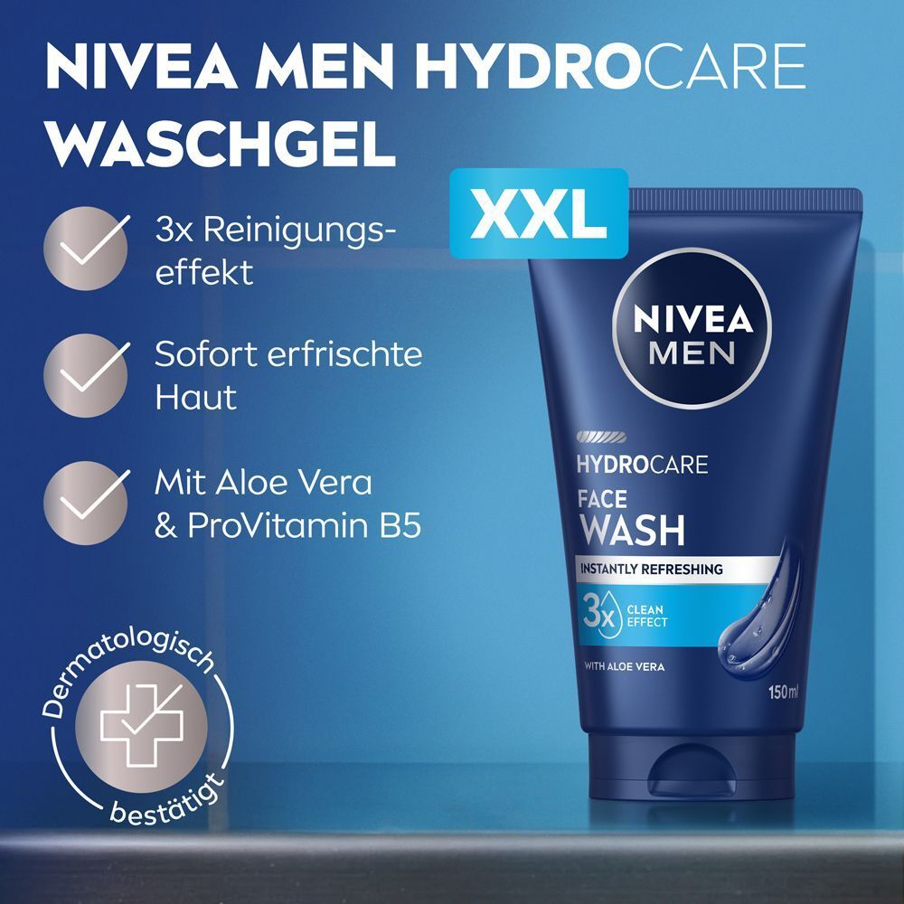 NIVEA MEN HydroCare Gesichtsreiniger-Tube mit Siegeln für 3x Reinigungseffekt und Aloe Vera.