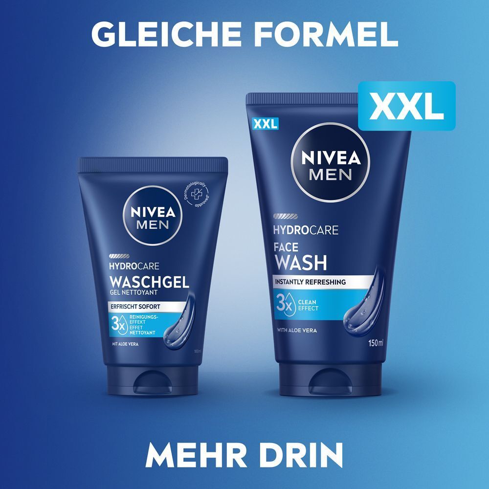 Zwei NIVEA MEN HydroCare Gesichtsreiniger-Tuben in verschiedenen Größen (XXL und kleiner).