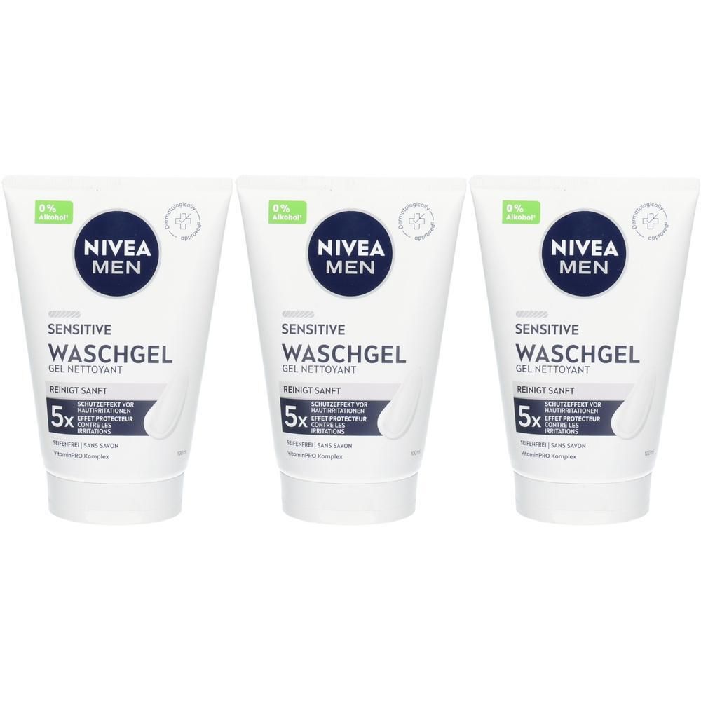 Drei Tuben NIVEA MEN Sensitive Waschgel mit blauem Logo und weißer Schrift. 0% Alkohol.