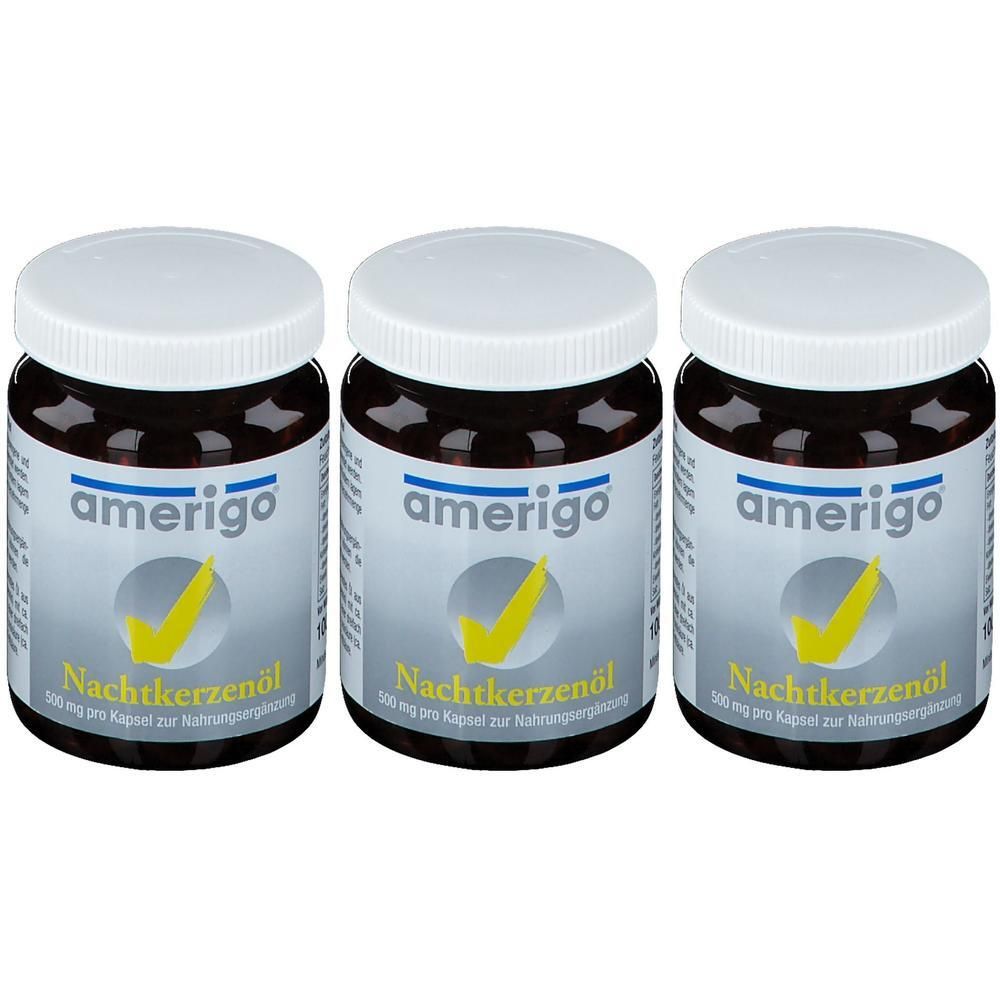 Drei Gläser Amerigo Nachtkerzenöl, 500 mg pro Kapsel.