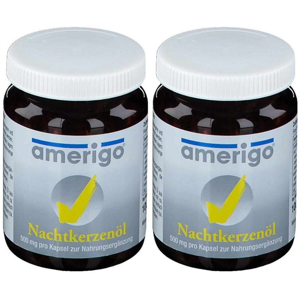 Zwei Braunglasflaschen mit weißen Schraubverschlüssen, beschriftet mit 'amerigo Nachtkerzenöl 500 mg'.