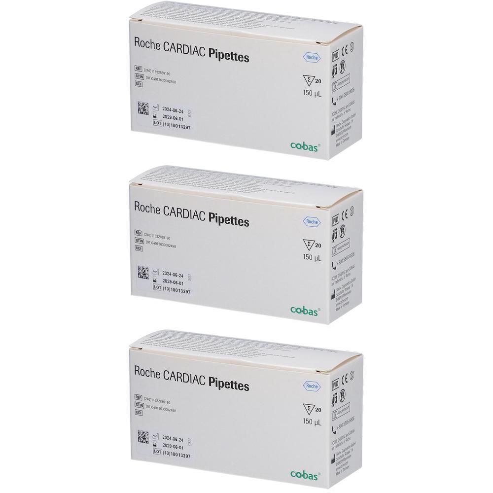 Drei Schachteln Roche CARDIAC Pipetten, 150 µL. Weiße Verpackung mit schwarzer und blauer Schrift.