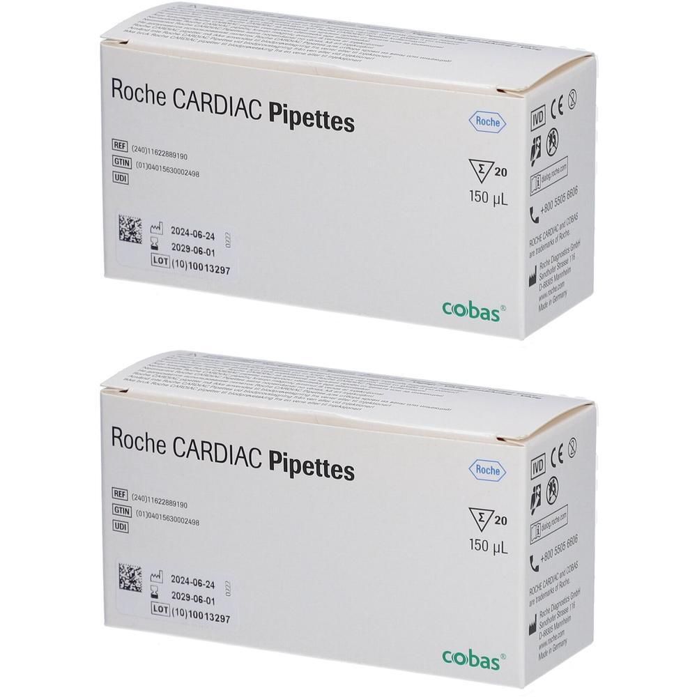 Zwei Schachteln Roche CARDIAC Pipetten, 150 µL. Mit CE-Kennzeichnung und Cobas-Logo.