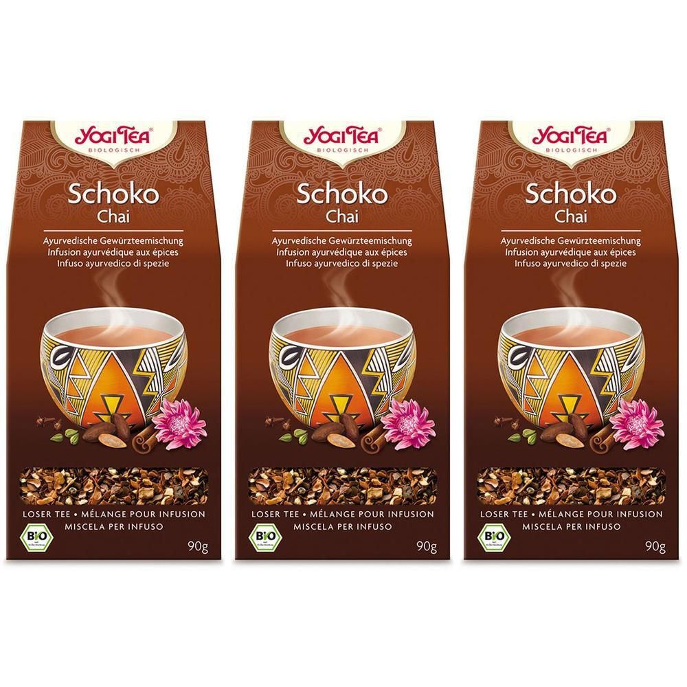 Drei Packungen YOGI TEA Schoko Chai loser Tee. Jede Packung zeigt eine Tasse Tee und Gewürze.