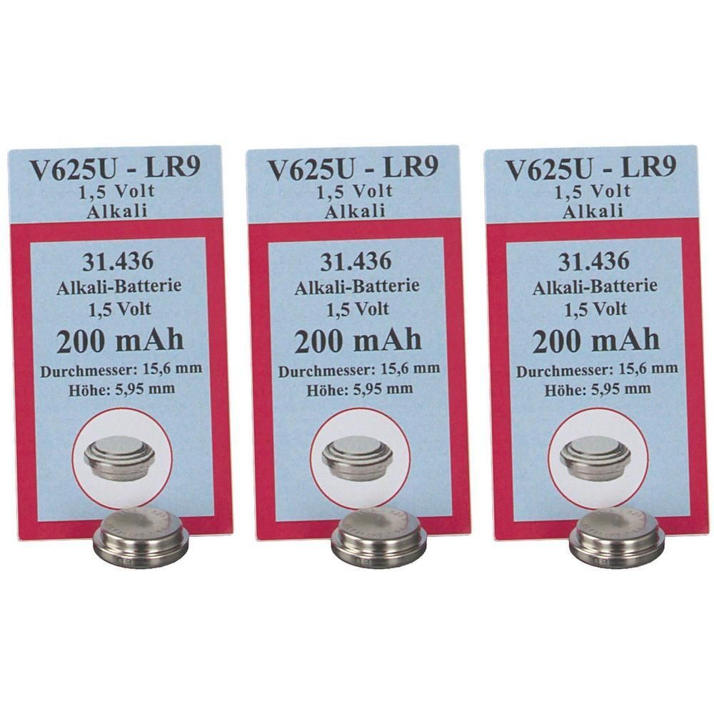 Drei Alkali-Knopfzellen V625U, 1,5 Volt, 200 mAh. Durchmesser 15,6 mm, Höhe 5,95 mm.