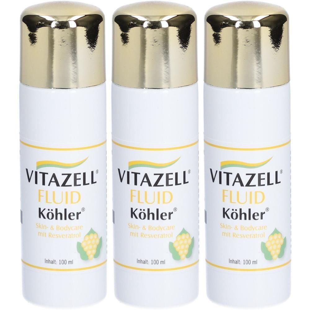 Drei weiße Flaschen mit goldenen Kappen, beschriftet mit Vitazell Fluid Köhler.