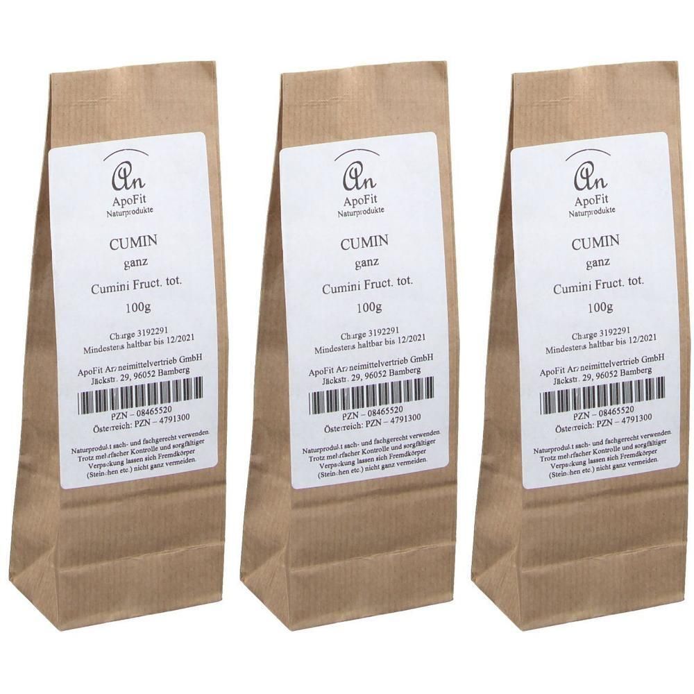 Drei braune Papiertüten mit Cumin (ganz, 100g) von ApoFit Naturprodukte.