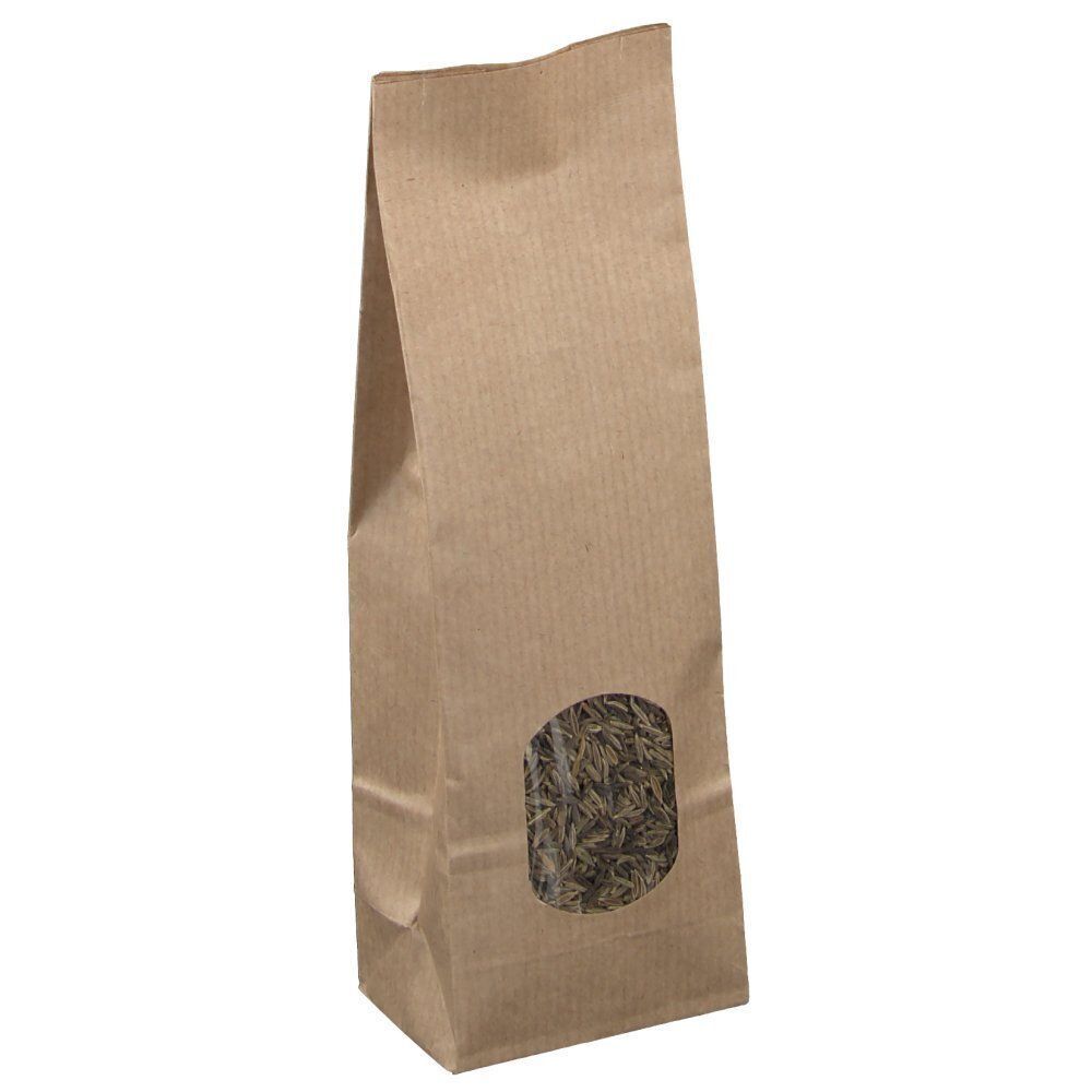 Eine braune Papiertüte mit Cumin (ganz, 100g) von ApoFit Naturprodukte, mit Sichtfenster.