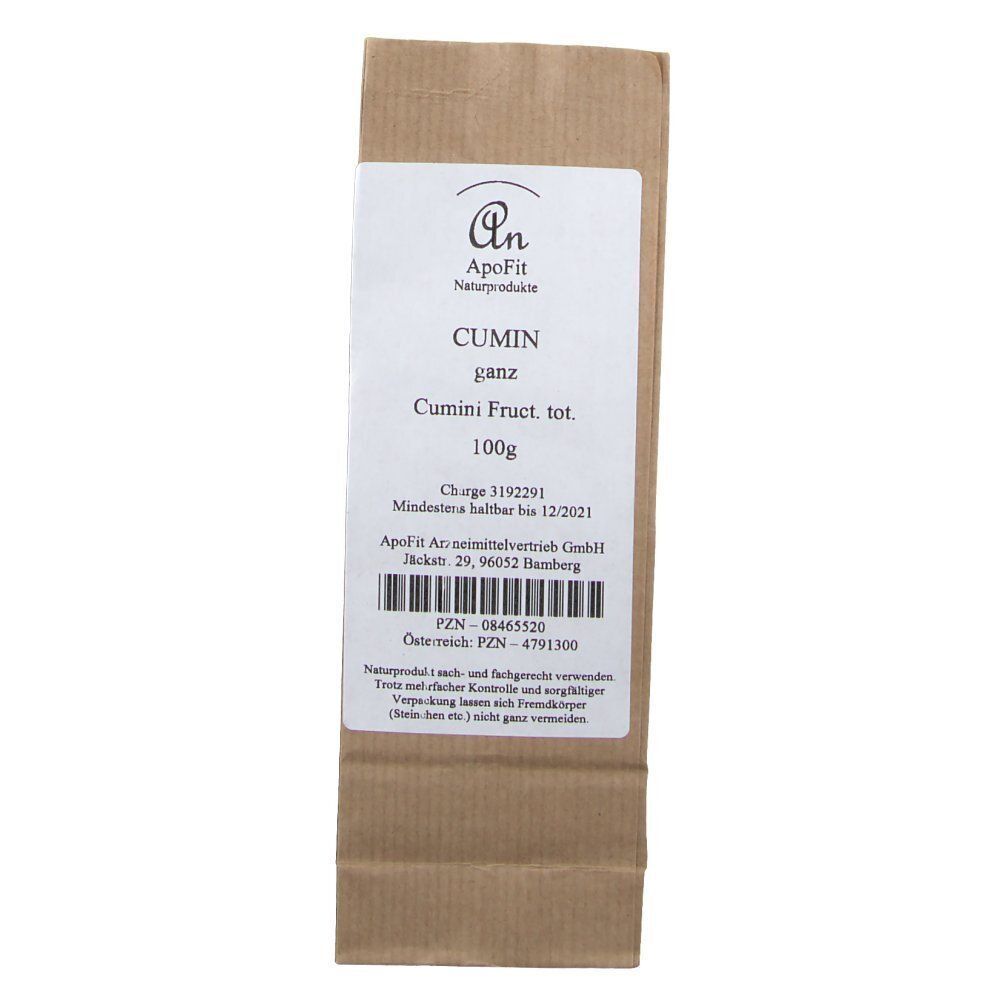 Vorderansicht einer braunen Papiertüte mit Cumin (ganz, 100g) von ApoFit Naturprodukte.