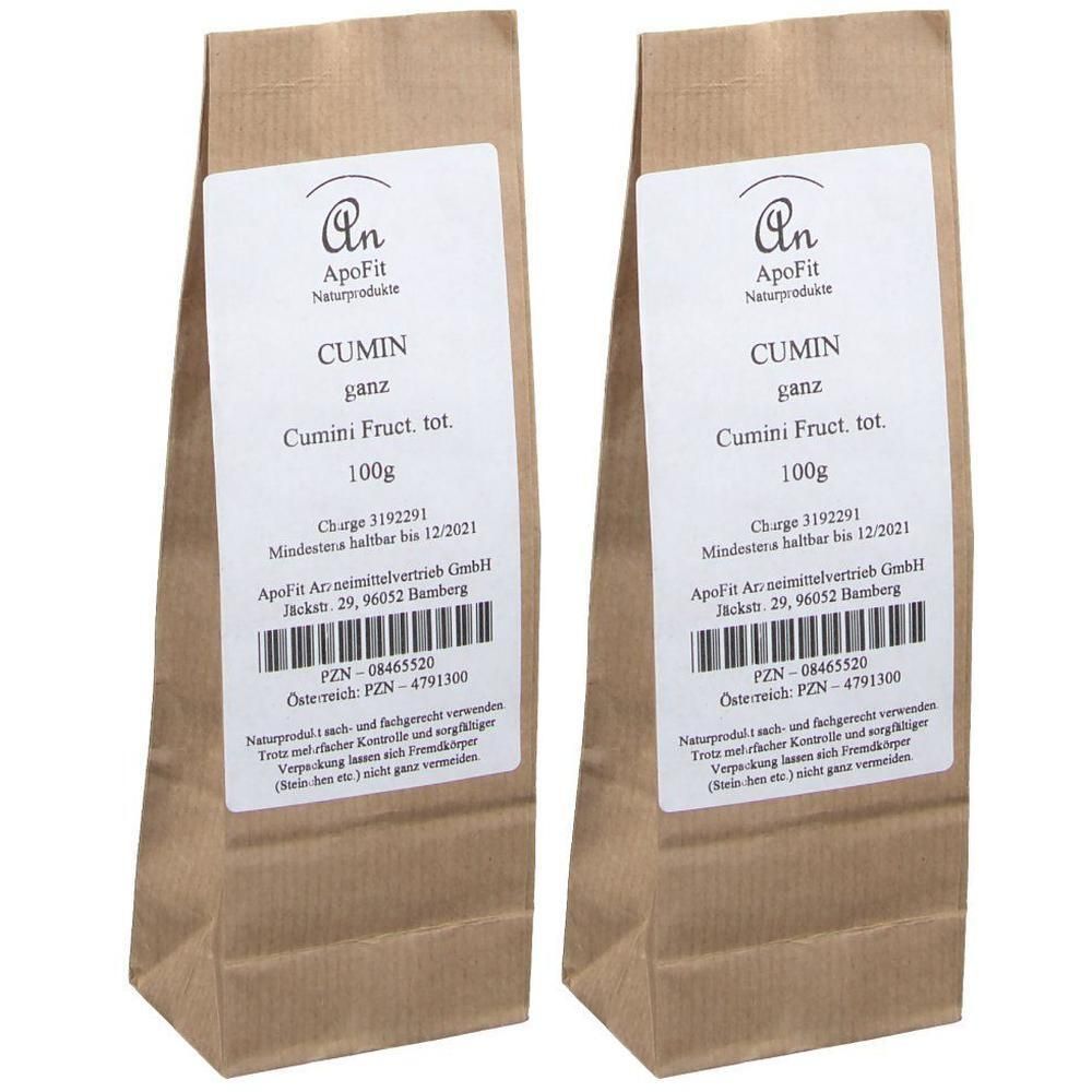 Zwei braune Papiertüten mit Cumin (ganz). Jede Tüte wiegt 100g.