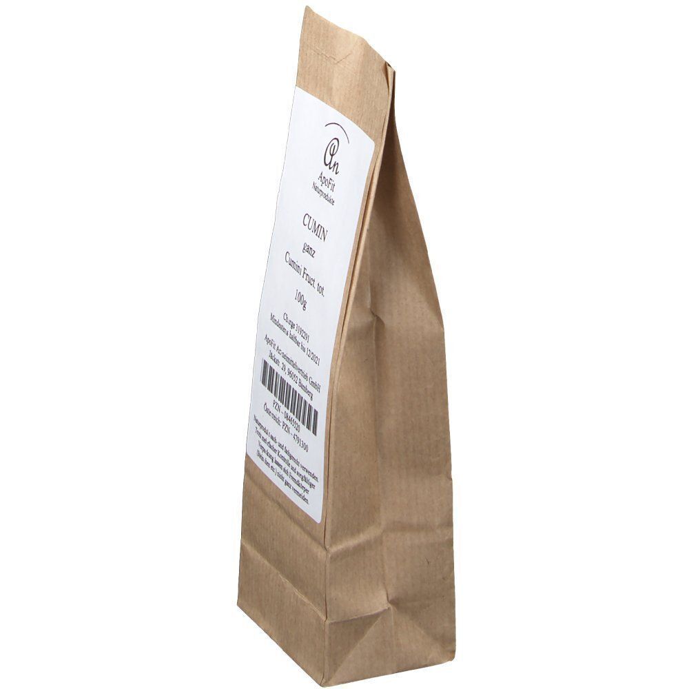 Eine braune Papiertüte mit Cumin (ganz), von der Seite betrachtet. 100g.