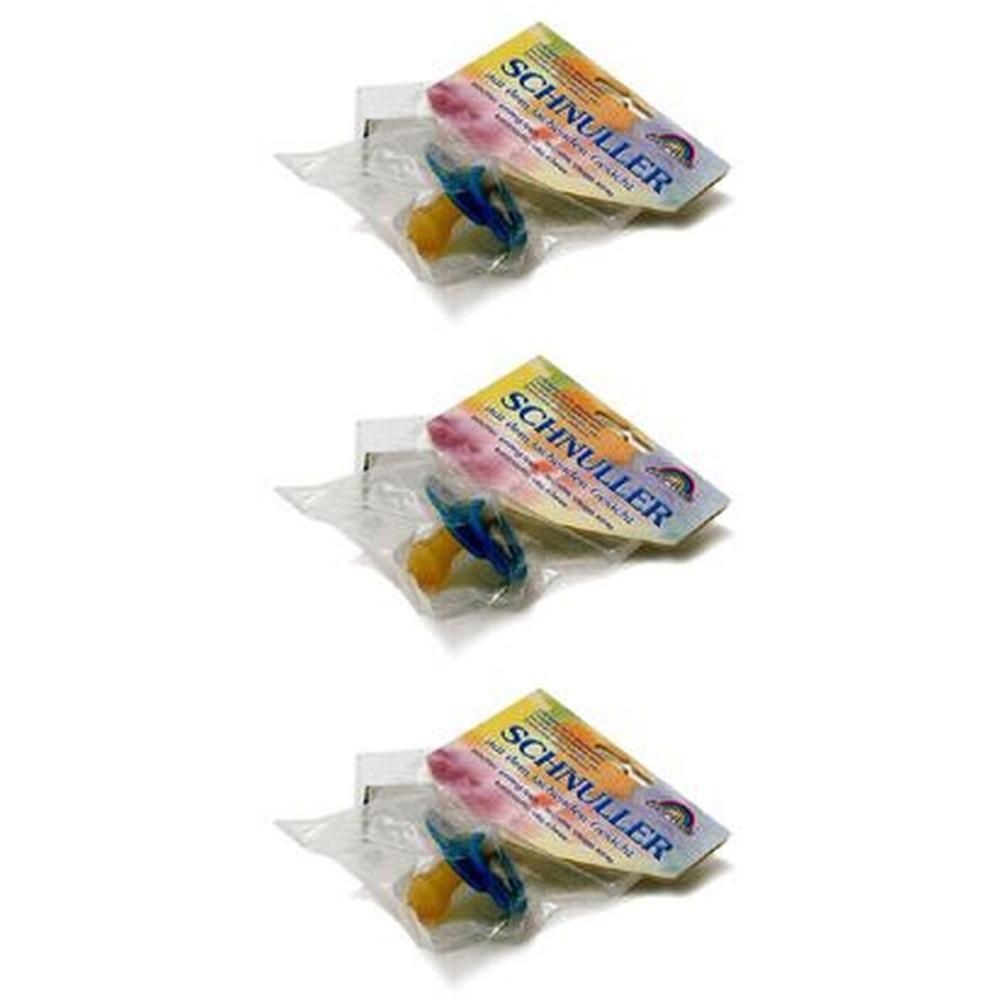 Drei Schnuller aus Naturkautschuklatex mit blauem Griff und gelbem Schild, einzeln verpackt.