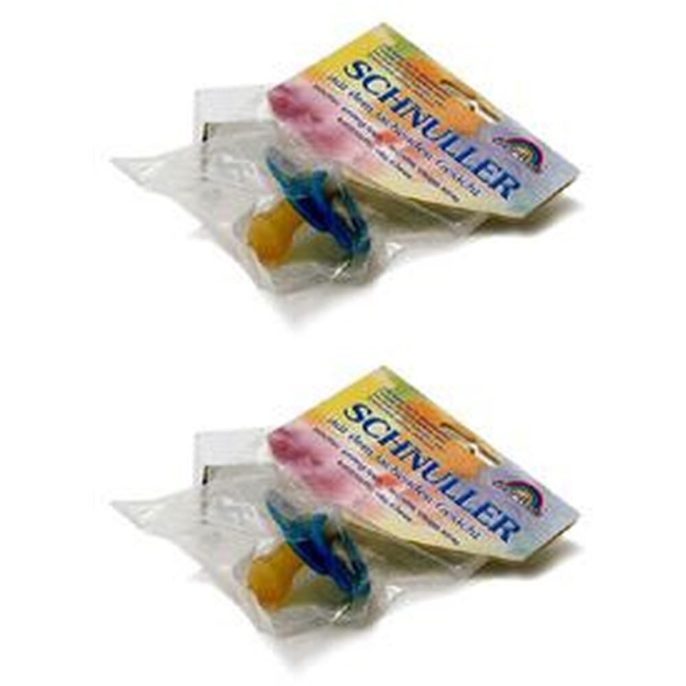 Zwei Schnuller aus Naturkautschuklatex mit gelbem Sauger und blauem Griff, verpackt.
