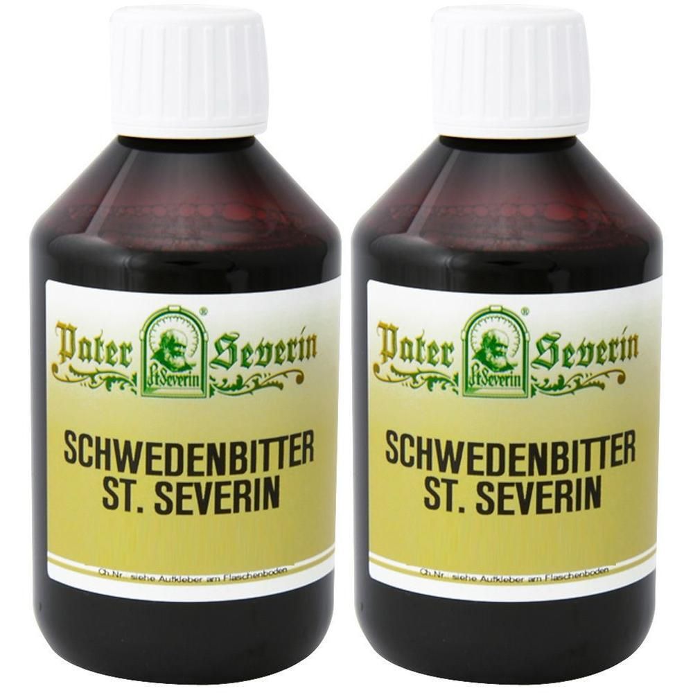 Zwei Flaschen St. Severin Schwedenbitter mit brauner Flüssigkeit und weißen Verschlüssen.