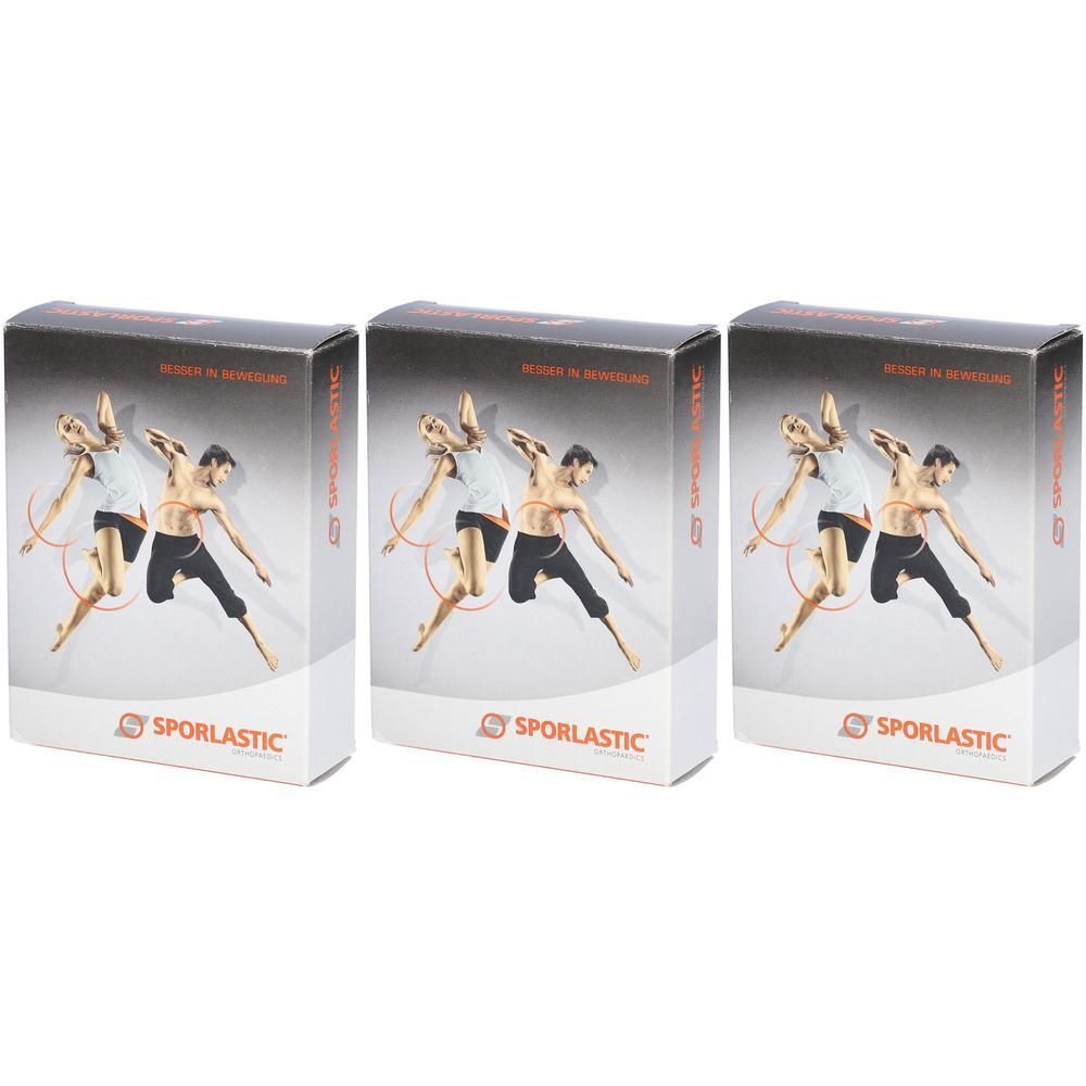 Drei Schachteln mit Sporlastic-Logo und tanzenden Figuren. Hergestellt in Deutschland.