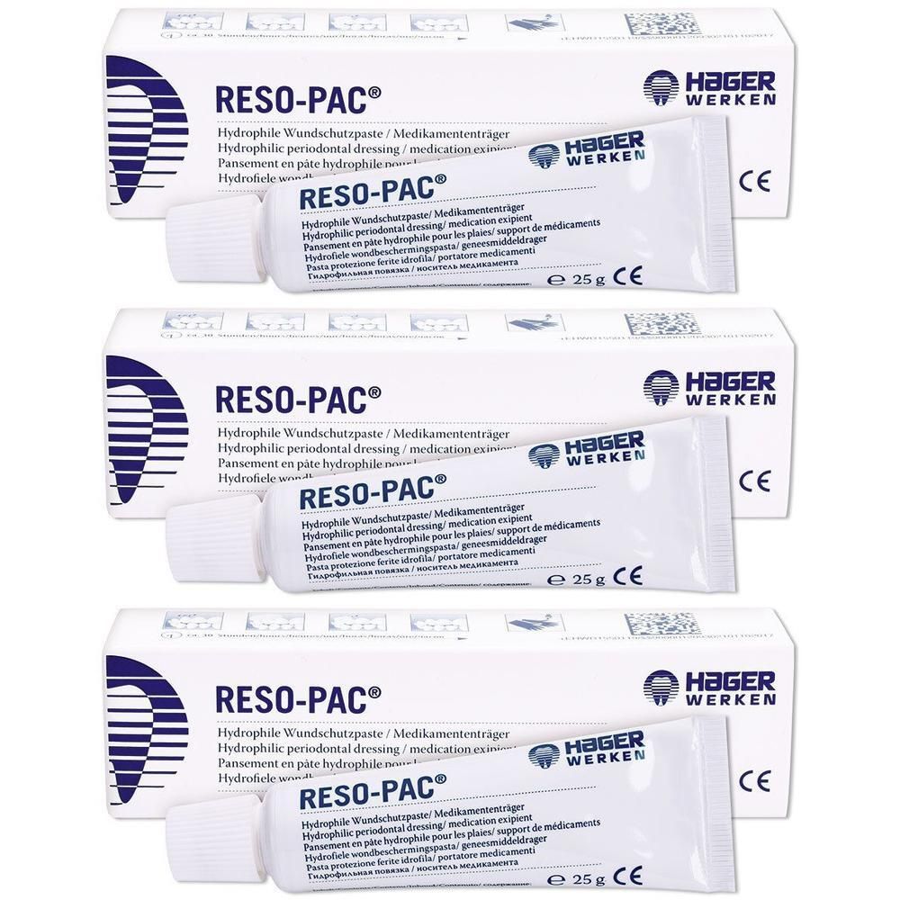 Drei Tuben RESO-PAC® Hydrophile Wundschutzpaste in Faltschachteln, 25g.
