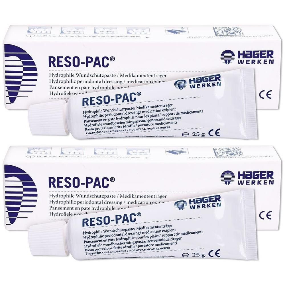 Zwei Tuben und Schachteln RESO-PAC® Hydrophile Wundschutzpaste/Medikamententräger, 25g.