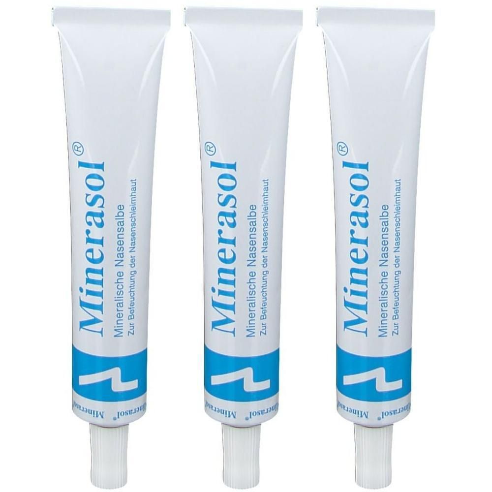 Drei Tuben Minerasol mineralische Nasensalbe mit blauem Logo und weißem Verschluss.